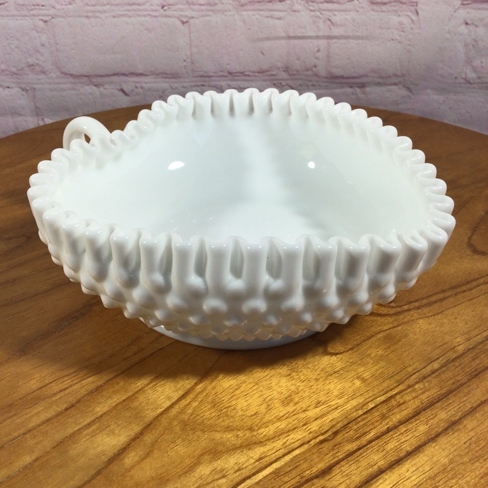 Vintage Fenton Milk Glass Heart Shaped Hobnail Candy Nut Bowl